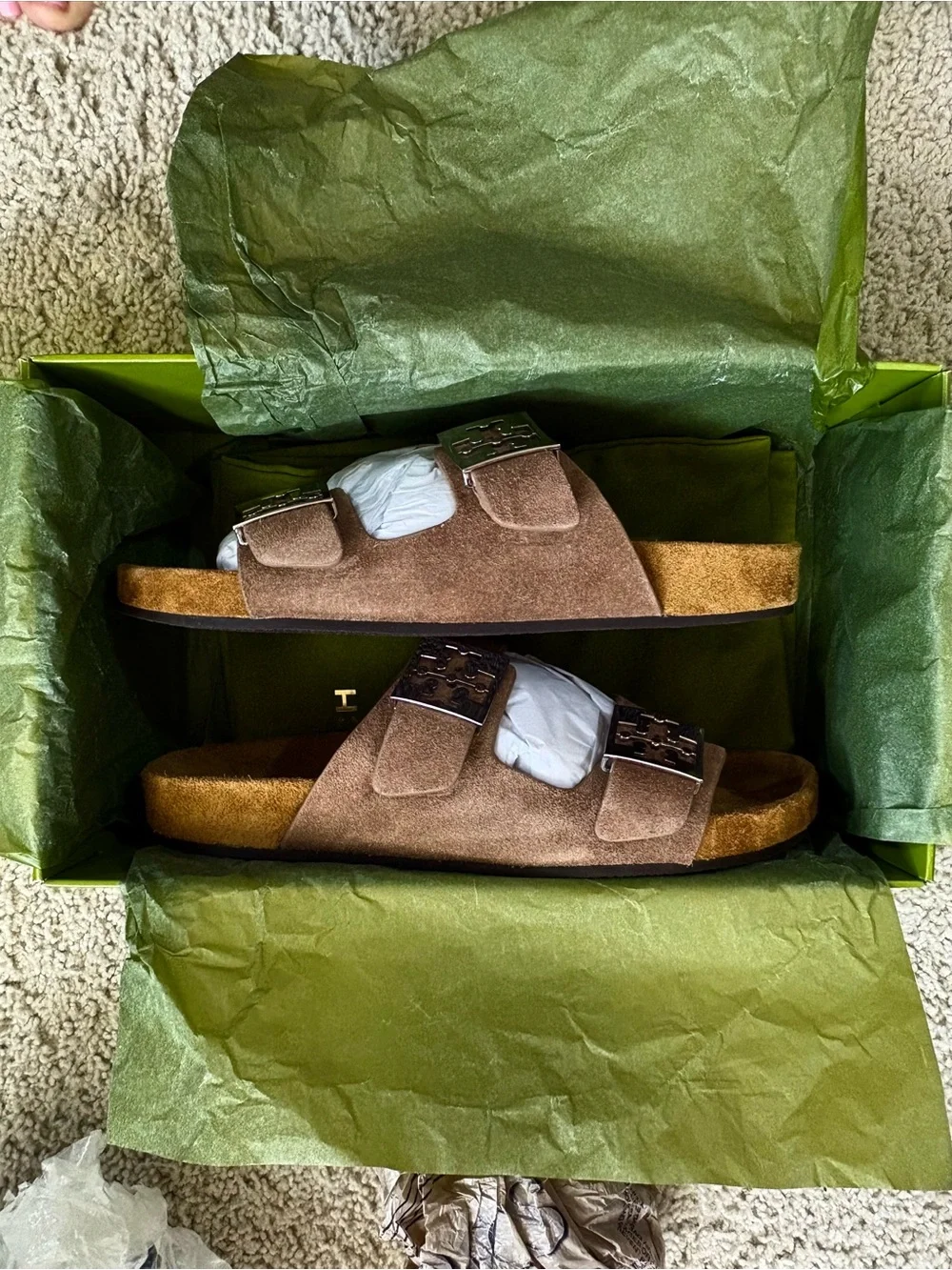 NIB! Women's TORY BURCH Taupe MELLOW SLIDE 2 Strap DESIGNER Foot-Bed SANDALS 8